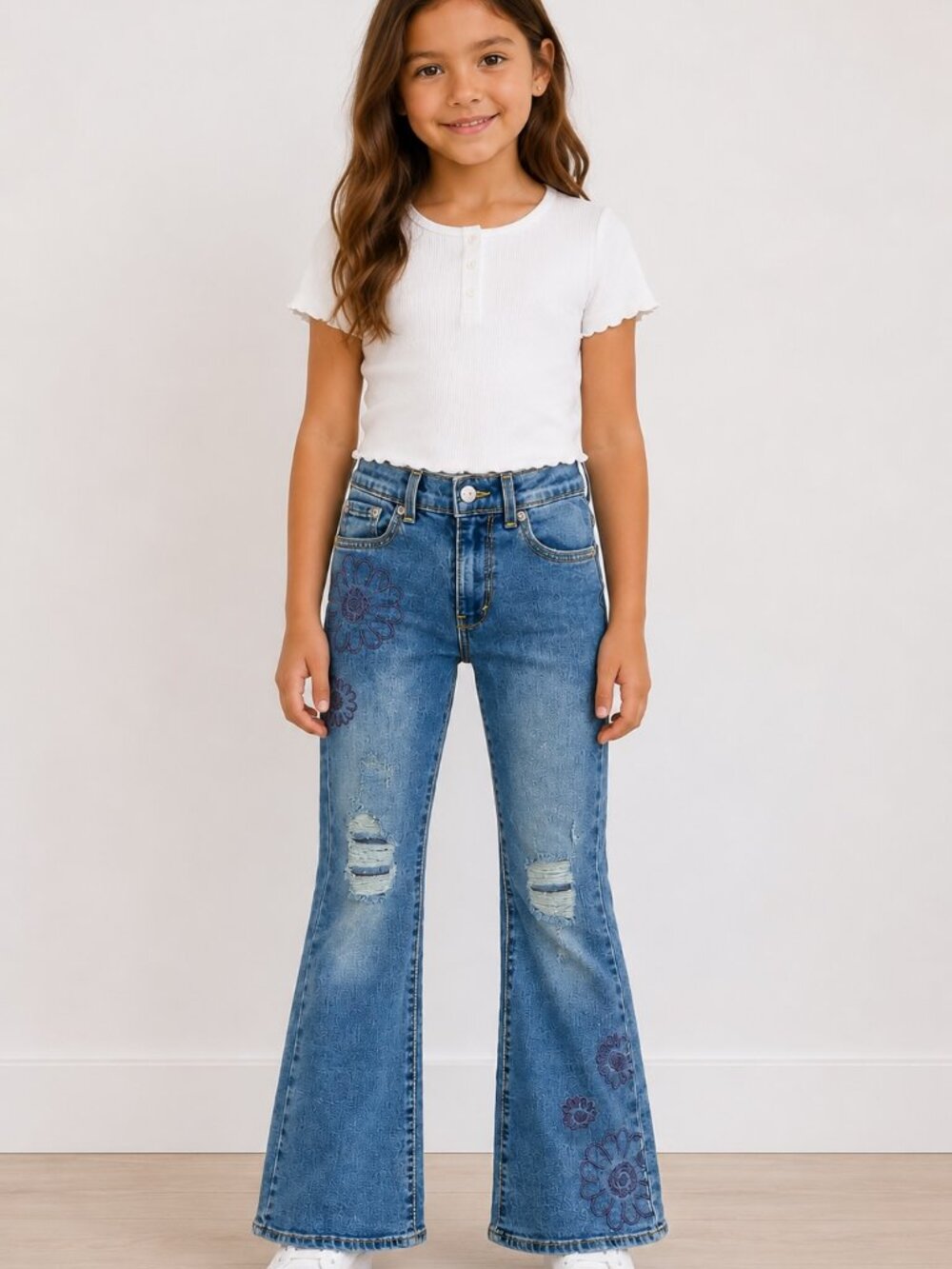 Levi's Girls Flare Jeans Distressed Floral Embroidery